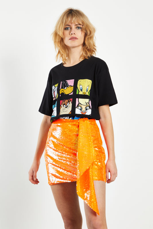 Glamorous Orange Sequin Mini Skirt with Asymmetric Drape Detail