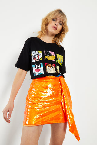 Glamorous Orange Sequin Mini Skirt with Asymmetric Drape Detail