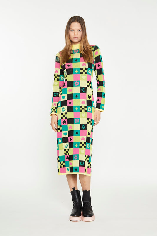 Yellow Green Multi Tile Knitted Midi Dress