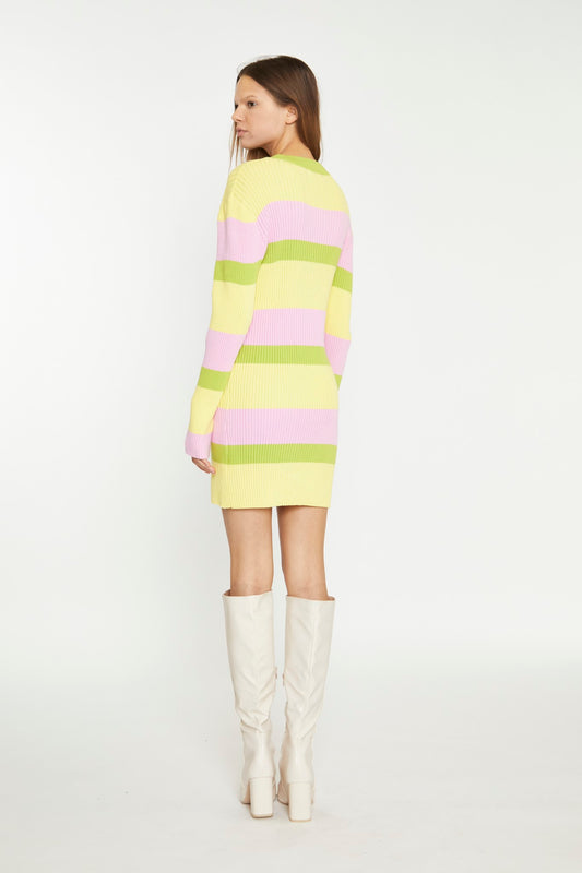 Candy Pastel Stripe Button-Through Rib-Knit Mini Dress