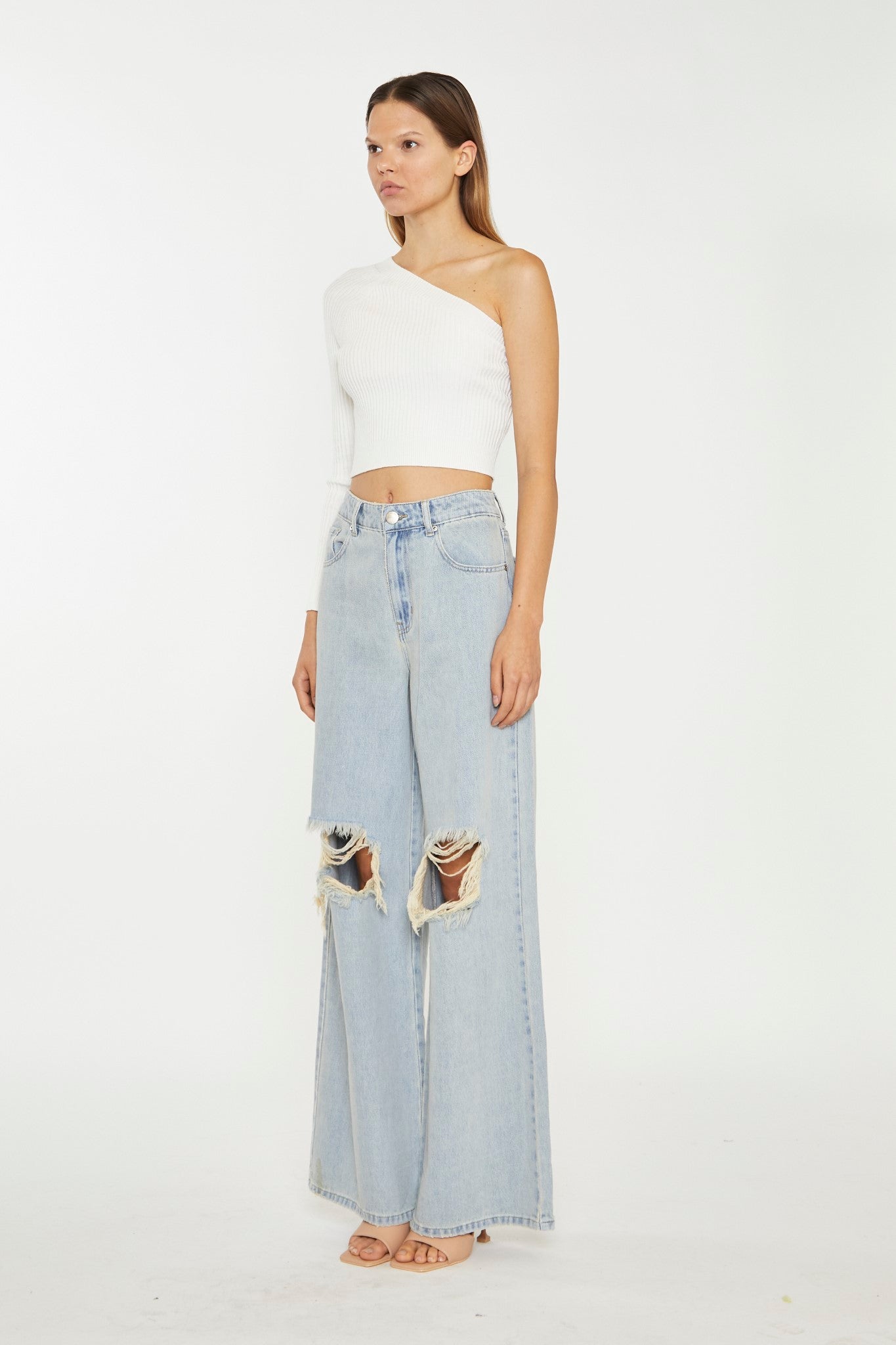 Authentic-Bleach-Wash Distressed Wide Leg Jeans