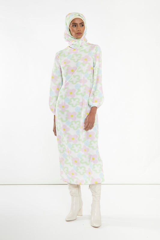 Multi Blurred Floral Long-Sleeve Midi-Dress