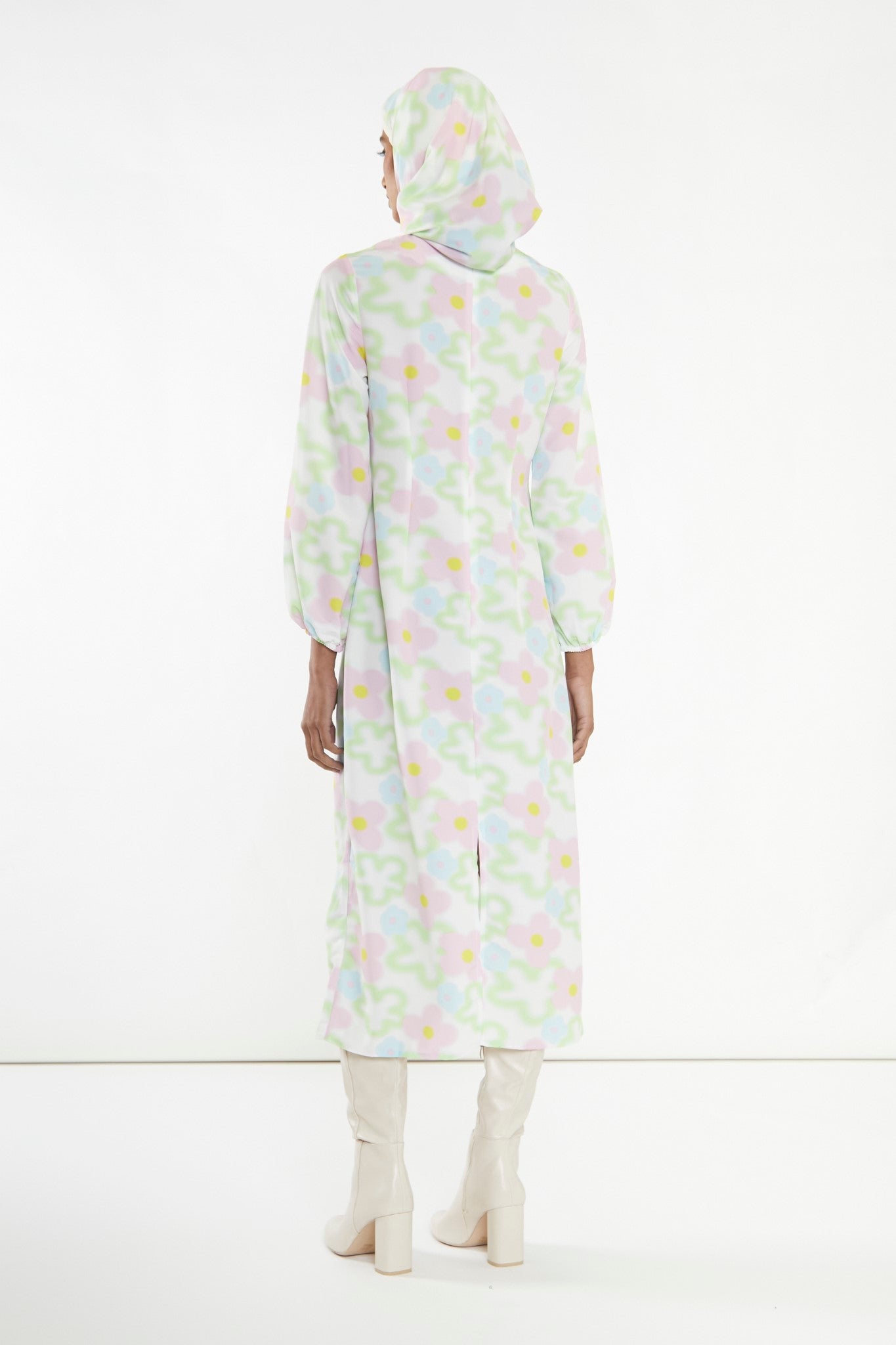 Multi Blurred Floral Long-Sleeve Midi-Dress