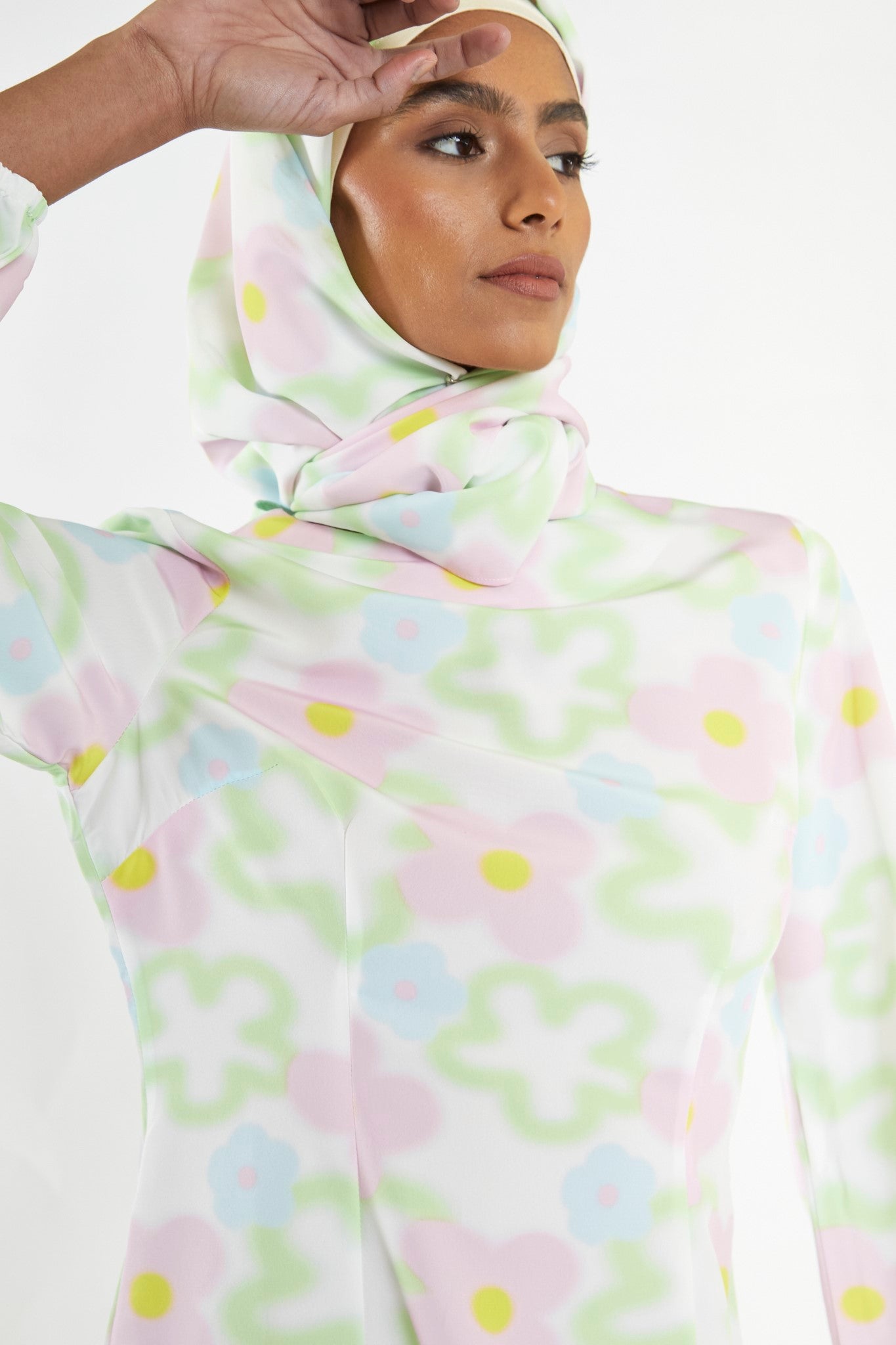 Multi Blurred Floral Long-Sleeve Midi-Dress