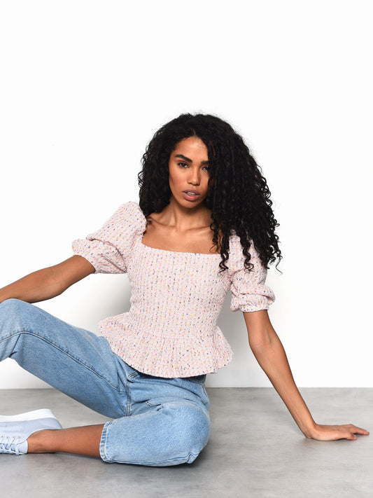 Glamorous Multi Tweed Peplum Puff Sleeve Blouse