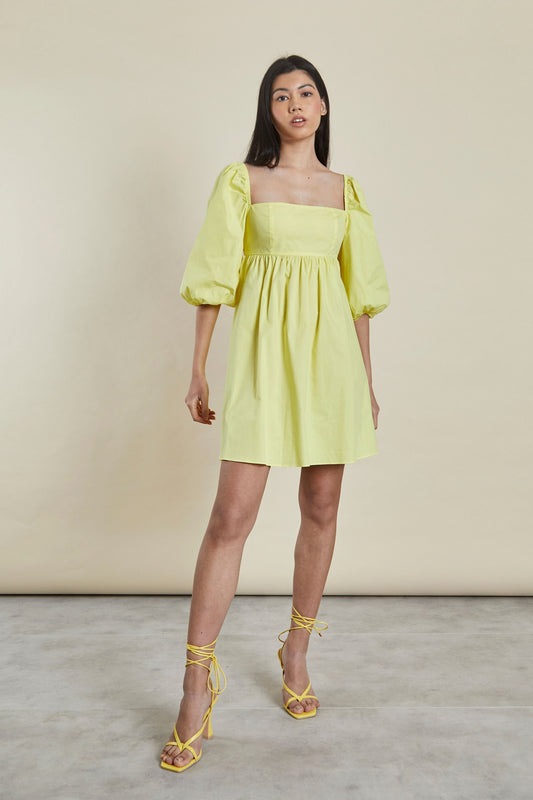Glamorous Yellow Puff shoulder Tie Back Mini Dress