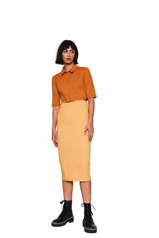 Glamorous Yellow Textured Flattering Cotton Blend Midi Skirt