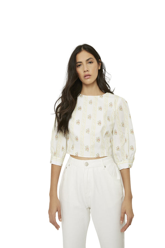 Glamorous Yellow Stripe Flower Puff Sleeve Crop Top