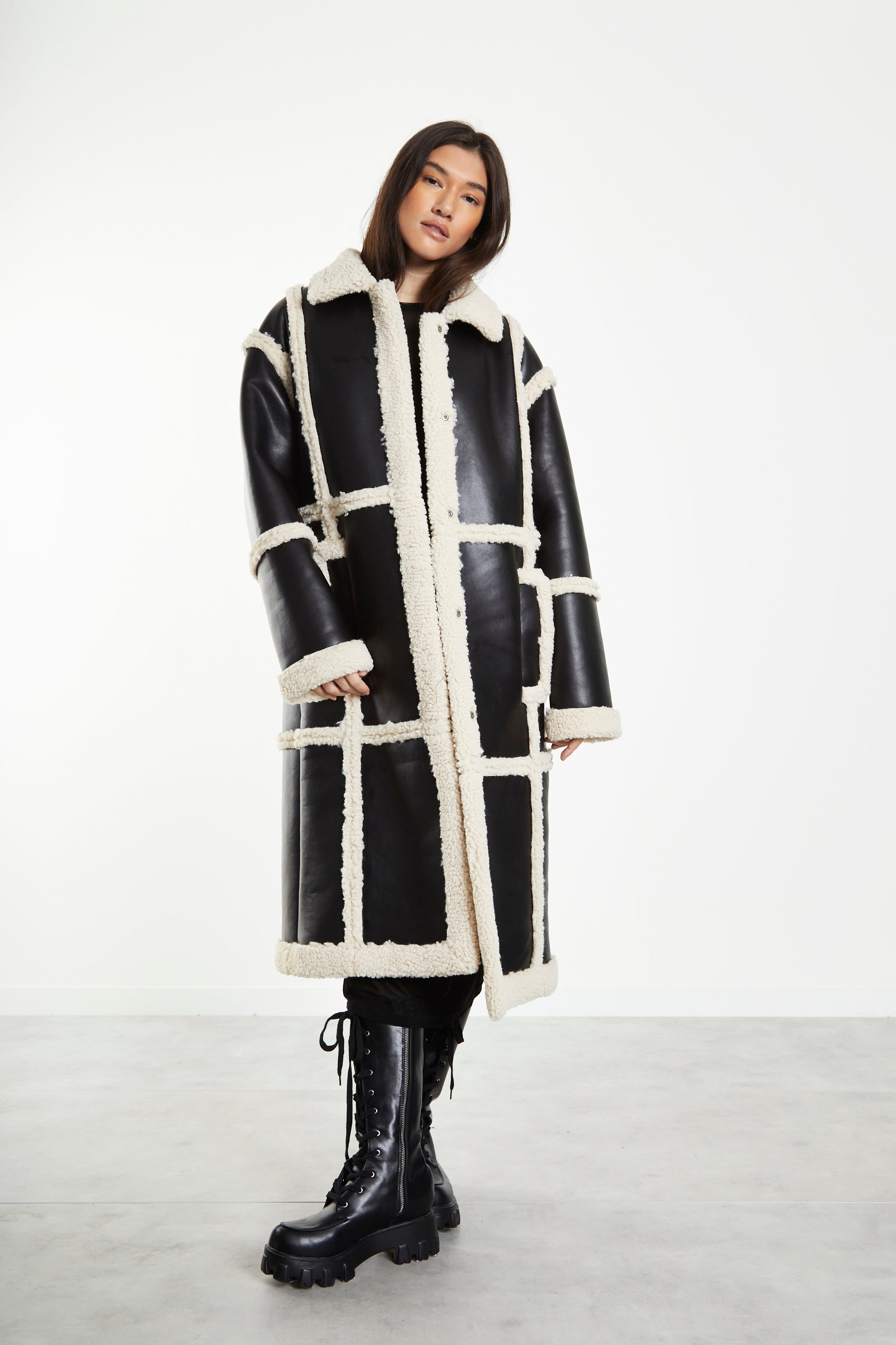 Black Cream Shearling Coat