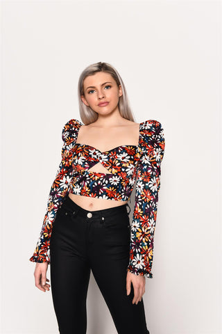 Painted-Daisy Long-Sleeve Crop-Top