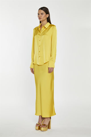 Yellow Satin Bias-Cut Midi-Skirt