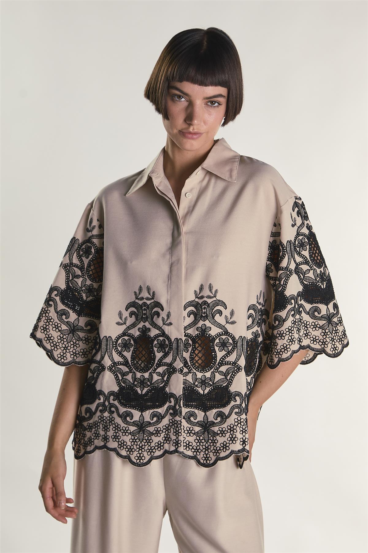 Stone Black Border Cropped Shirt