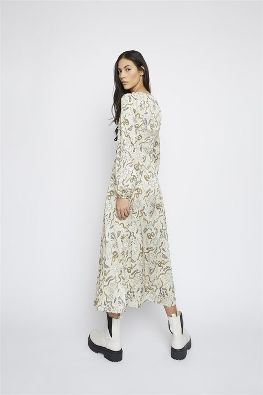 Stone-Sun-Moon Long-Puff-Sleeve-Button-Front Maxi-Dress