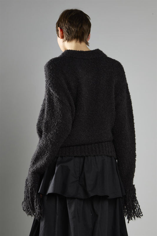 Black Fringe Cuff Button-front Cardigan