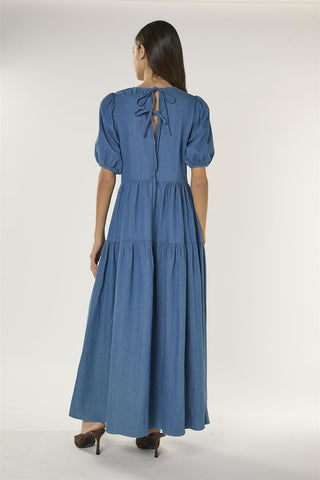 Washed Blue Tiered Maxi Dress with Puff Sleeves
