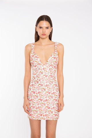 Pink Multi-Floral Lace Ruched-Bus Corset Mini-Dress