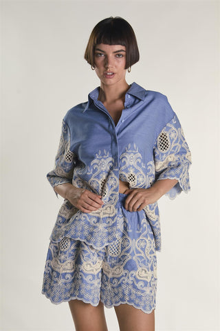 Embroidered Chambray High Rise Lined Shorts