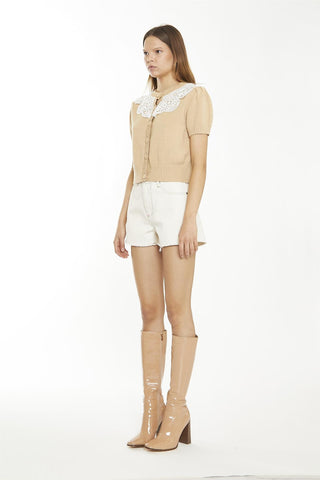 Ecru Raw-Hem High-Waisted-Shorts
