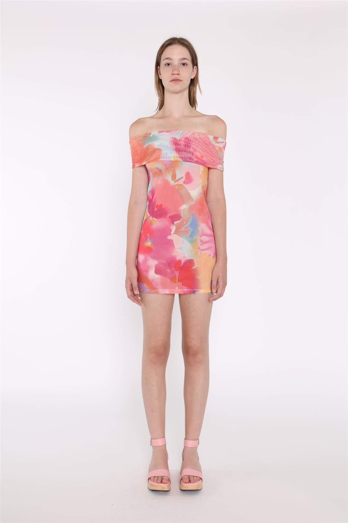 Multi Watercolour Flower Bardot Mini Dress