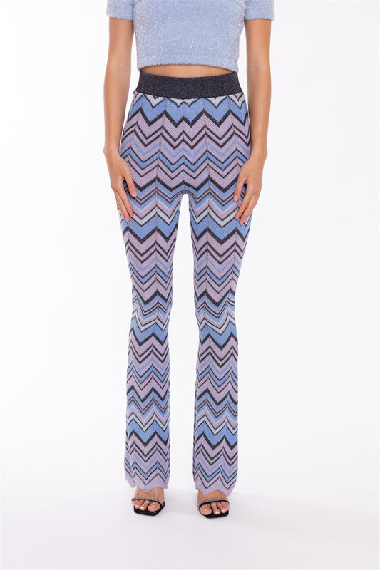 Flared Long Trousers - Lilac Blue Chevron