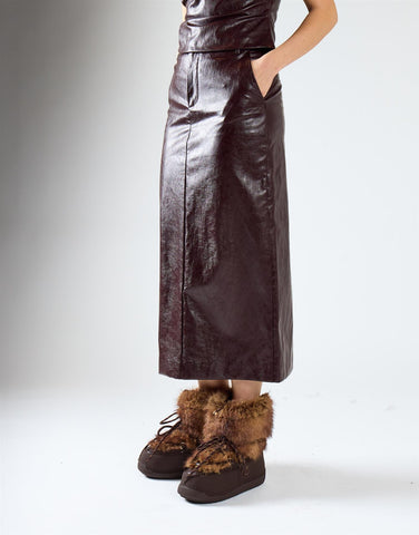 Oxblood PU Faux-Leather Pocket-Detail Midi Skirt