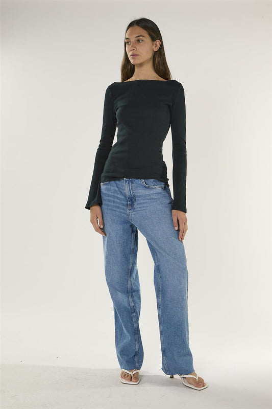 Dark Navy Boat Neck Long Sleeve Top