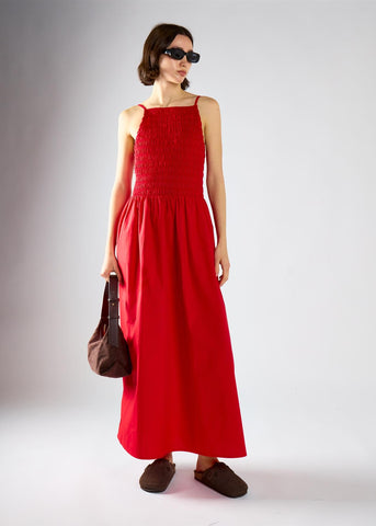 Red Shirring Body Boat Neck Maxi Dress