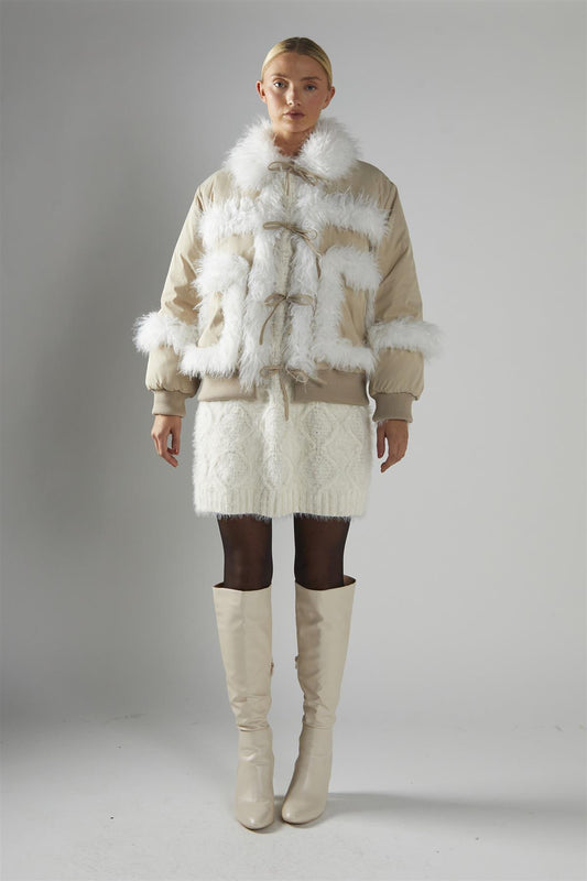 Tie Front Fur Lined Jacket - Stone White
