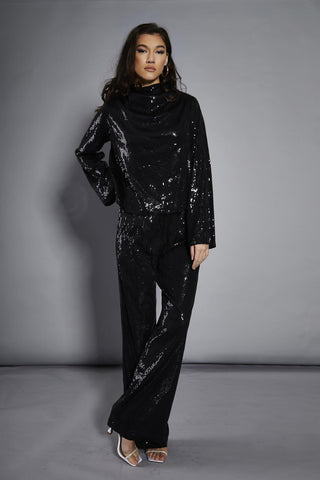 Black Sequin High-Neck Long Sleeve Blouse