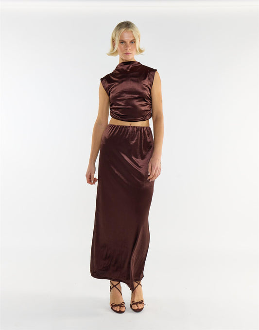 Brown Velvet Mid-Rise Maxi Skirt