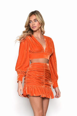 Orange Ruched-Ruffle-Trim Mini-Skirt