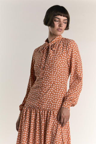 Rust Ditsy Tie Neck Long Sleeve Midaxi Dress