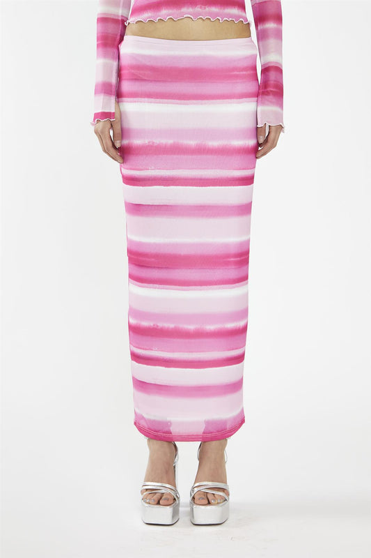 Pink Ombre-Stripe Mesh Bodycon Maxi-Skirt