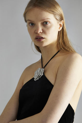 Black-Velvet Halter-Neck Rhinestone-Corsage Mini-Dress