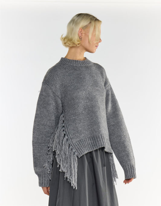 Grey Marl Fringe Trim Crew-Neck Jumper