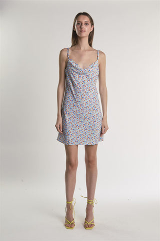 Blue-Red-Ditsy Cowl-Neck Mini-Dress