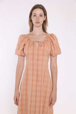 Light Apricot Check Short Sleeve Dress