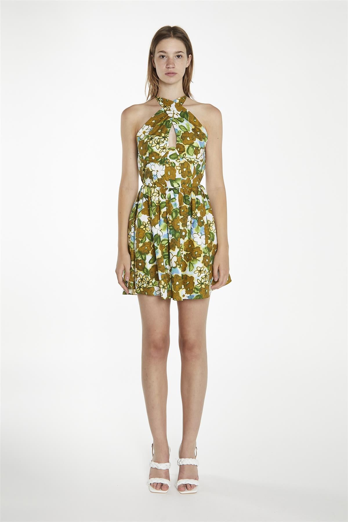 Large-Brown-Green-Floral Cross-Over-Halter-Neck Mini-Dress