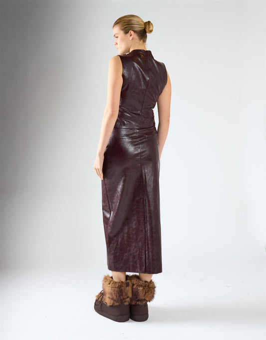 Oxblood PU Faux-Leather Pocket-Detail Midi Skirt