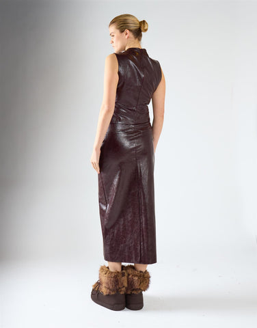 Oxblood PU Faux-Leather Pocket-Detail Midi Skirt