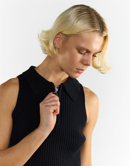 Knitted Black Half Zip Sleeveless Crop Top