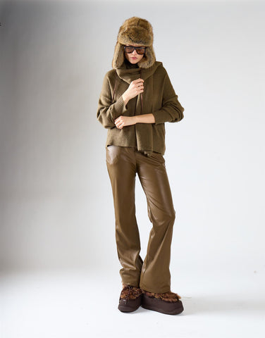 Khaki PU Patch Pockets Trousers