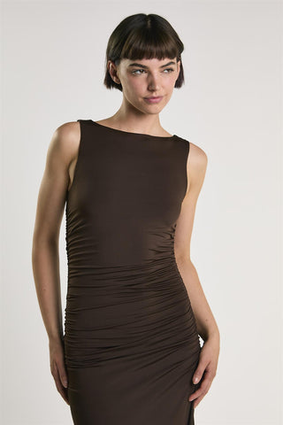 Bitter Chocolate Slash Neck Midaxi Dress