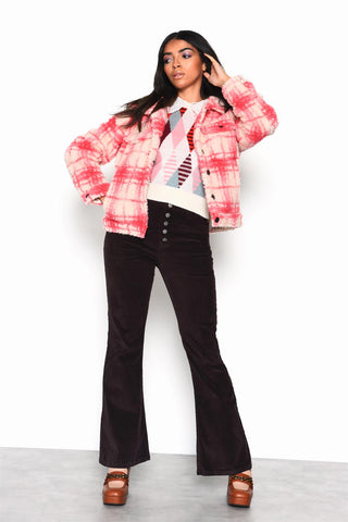 Cream Pink Check Button-Up Collared Jacket