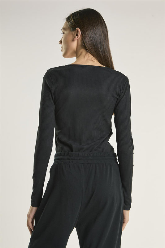 Black Ribbed Long Sleeve-Bodysuit
