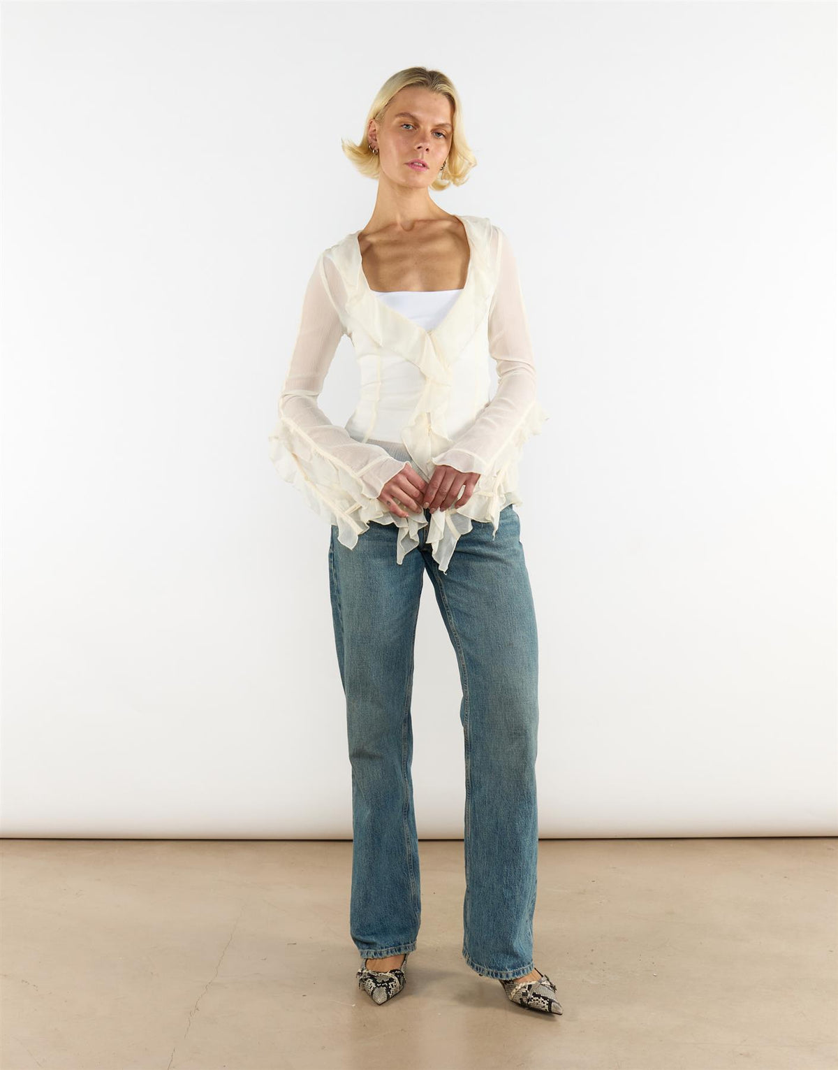 V Neck Sheer Frill Blouse in Cream