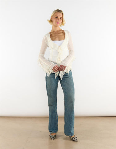 V Neck Sheer Frill Blouse in Cream