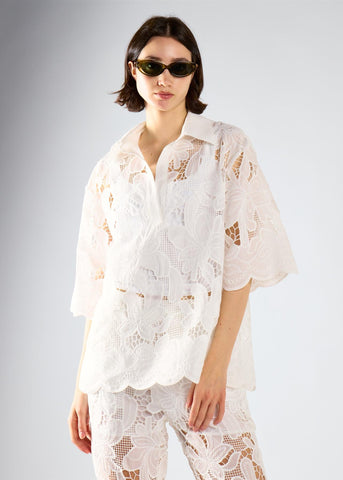 White Embroidered Flare Short Sleeve Shirt