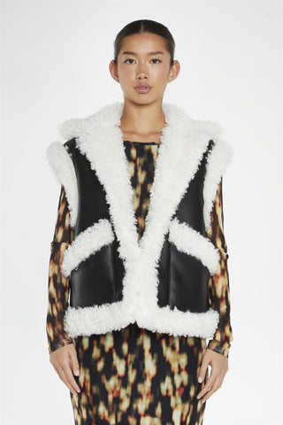 Black-White Faux-Shearling Trim Oversized-Gilet