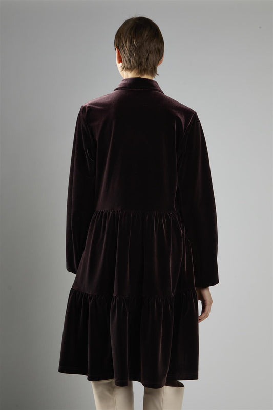 Brown Velvet A-Line Long Sleeve Midi Dress